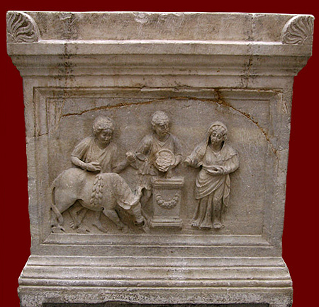 An altar dedicated to the goddess Diana depicts preparations for sacrifice.