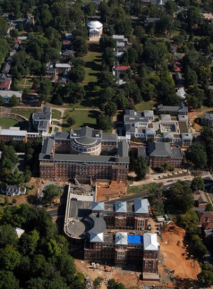 The South Lawn is in the foreground, Jefferson's Lawn in the background. In between the two are New Cabell Hall, and Old Cabell Hall behind.