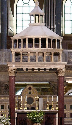 The ciborium at San Lorenzo Fuori le Mura, Rome. (The bishop's cosmatesque
cathedra is visible behind the altar.)
(Image source)