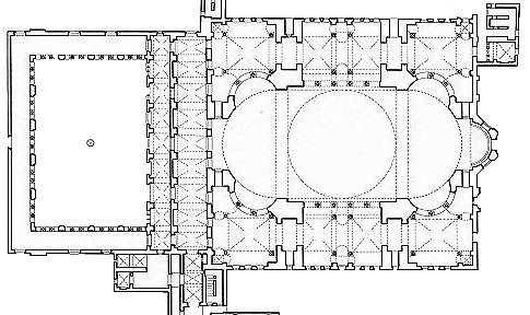 Plan of the Hagia Sophia. North is roughly up and the Sanctuary is to the east.