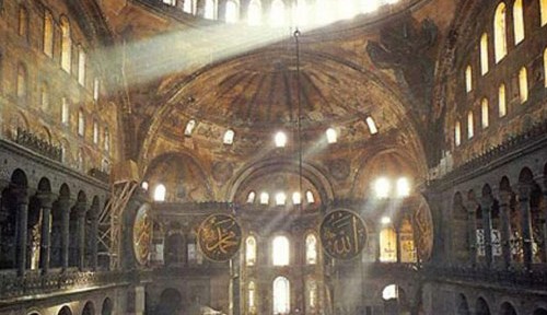 Interior of the Hagia Sophia, sanctuary at the end. Nothing wrong with morning light streaming in.