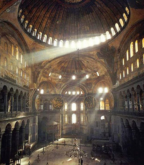 Interior of the Hagia Sophia, sanctuary at the end. Nothing wrong with morning light streaming in.