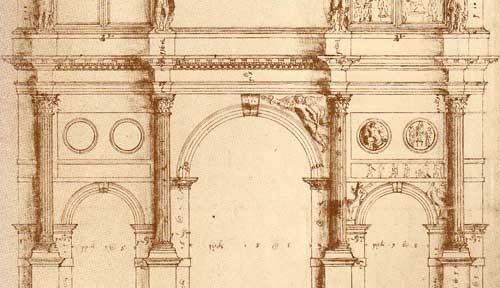 Palladio's mostly faithful measured drawing of the Arch of Constantine, Rome.
The notations record dimensions.