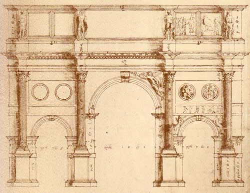 Palladio's mostly faithful measured drawing of the Arch of Constantine, Rome.
The notations record dimensions.