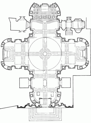 Plan of Saints Luke and Martina. Note how the center bay of the facade (bottom) "expresses" the apse inside.