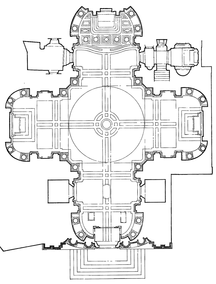 Plan of Saints Luke and Martina. Note how the center bay of the facade (bottom) "expresses" the apse inside.