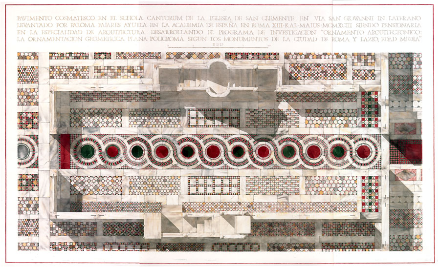 Watercolor study of the Schola Cantorum by my wife and partner, Paloma Pajares. Read her book Cosmatesque Ornament for more information on the subject.