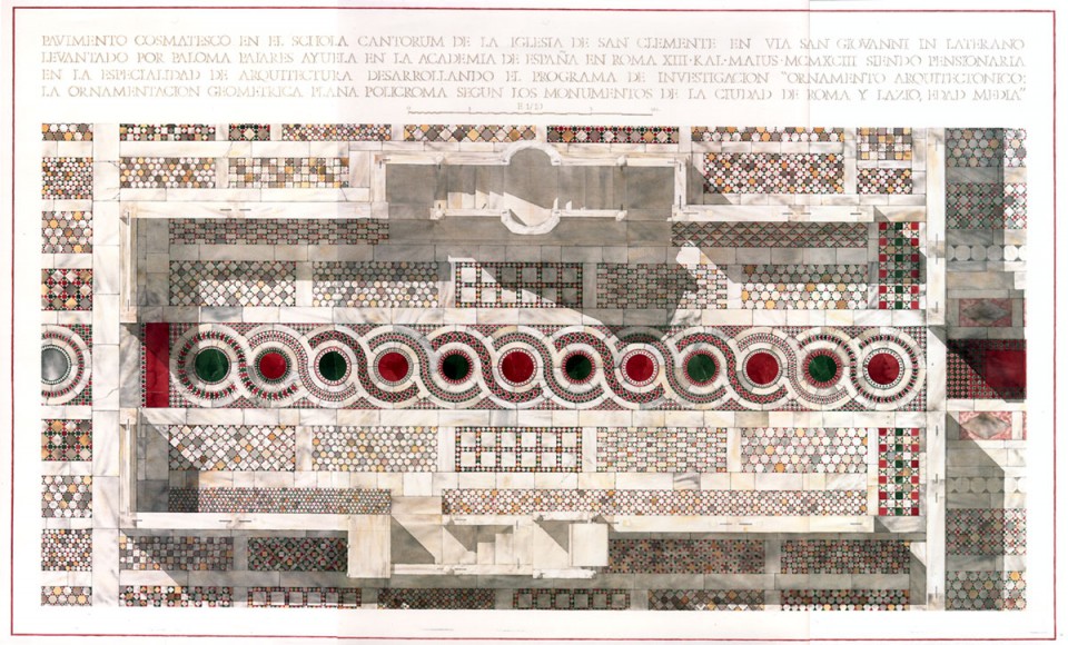 Watercolor study of the Schola Cantorum by my wife and partner, Paloma Pajares. Read her book Cosmatesque Ornament for more information on the subject.