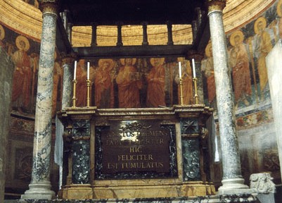 The altar over the confessio, and the ciborium above. Just this bit is composed of elements constructed at various times over a span of more than 1200 years.
