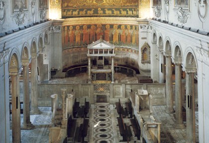 View of the nave, the schola cantorum with ambos to either side,
the altar and confessio under the ciborium,
and the bema at the back of the apse.