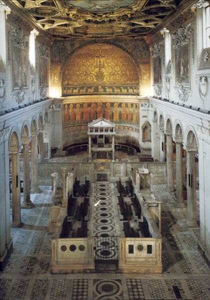 View of the nave, the schola cantorum with ambos to either side,
the altar and confessio under the ciborium,
and the bema at the back of the apse.
