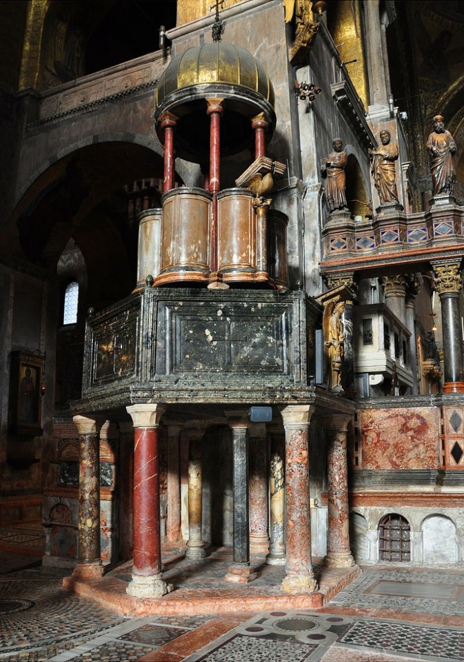 The ambo at St. Mark's Basilica, Venice. I hope the lower level is not normally used to store folding chairs.
[Image Source]