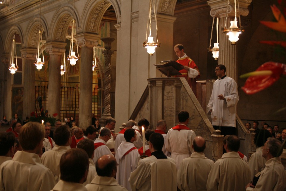 The Gospel ambo at San Clemente (where else?) on the patronal feast day. “He went up into a mountain–and opening his mouth he taught them” (Matthew 5:1, 2).
[Image source]