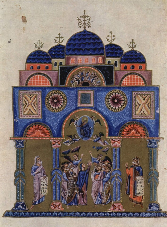 The Church of the Holy Apostles, here depicted in an illuminated manuscript, was built by Constantine as a tomb for himself with relics of the twelve apostles. Rebuilt by Justinian, it was the most important church in Christendom after the Hagia Sophia.