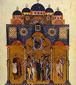 The Church of the Holy Apostles, here depicted in an illuminated manuscript, was built by Constantine as a tomb for himself with relics of the twelve apostles. Rebuilt by Justinian, it was the most important church in Christendom after the Hagia Sophia.