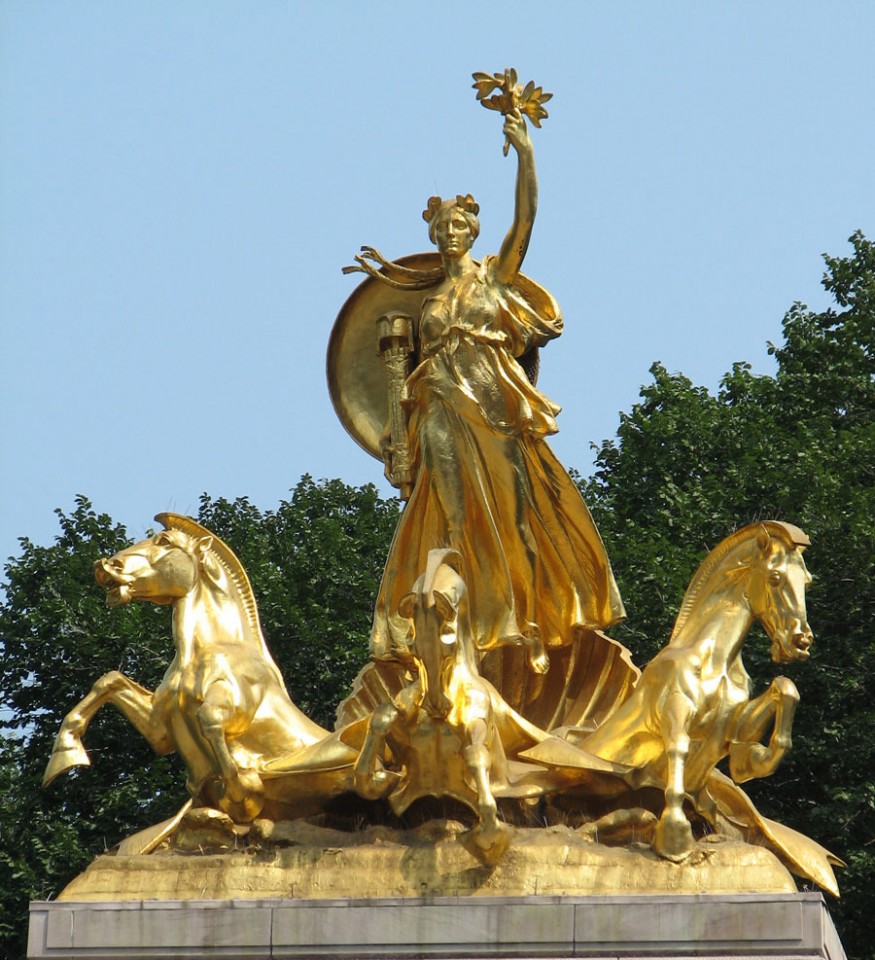 And the crowning element of it all, in glorious gilded bronze cast from metal recovered from the Maine: three hippocampi pull Columbia over the seas she now rules.